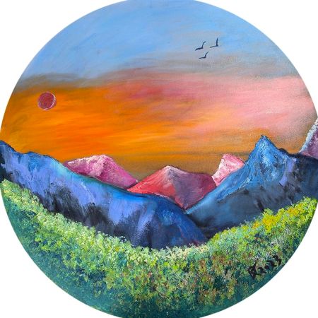 Mountain Range Oil Round Canvas Painting by Artist Debayan Kundu 36 Inches